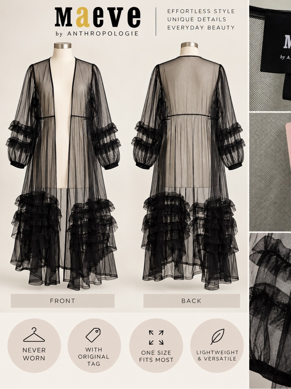 Maeve by Anthropologie Black Sheer Ruffle Cape Jacket